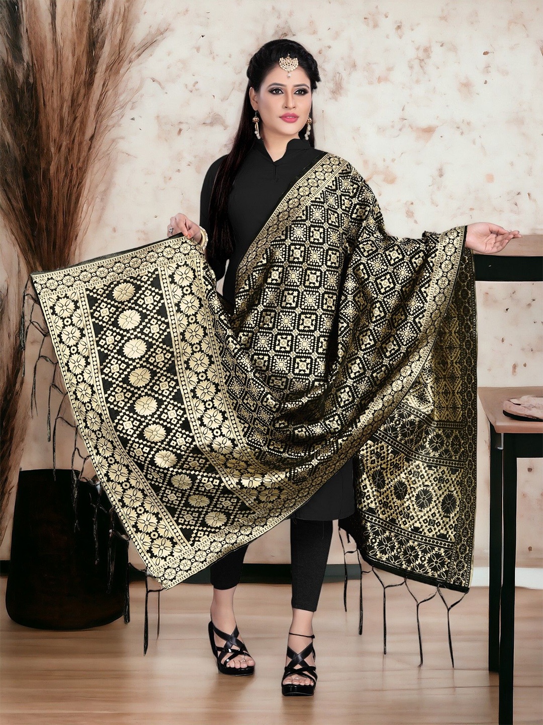 

CARTYSHOP Ethnic Motifs Woven Design Dupatta with Zari, Black