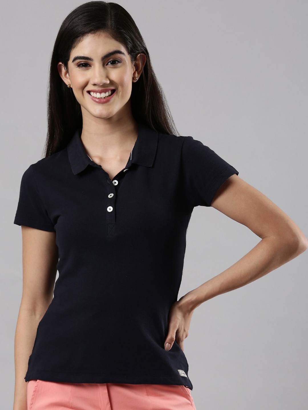 

Femmora Women Polo Collar Nautical Pure Cotton T-shirt, Navy blue