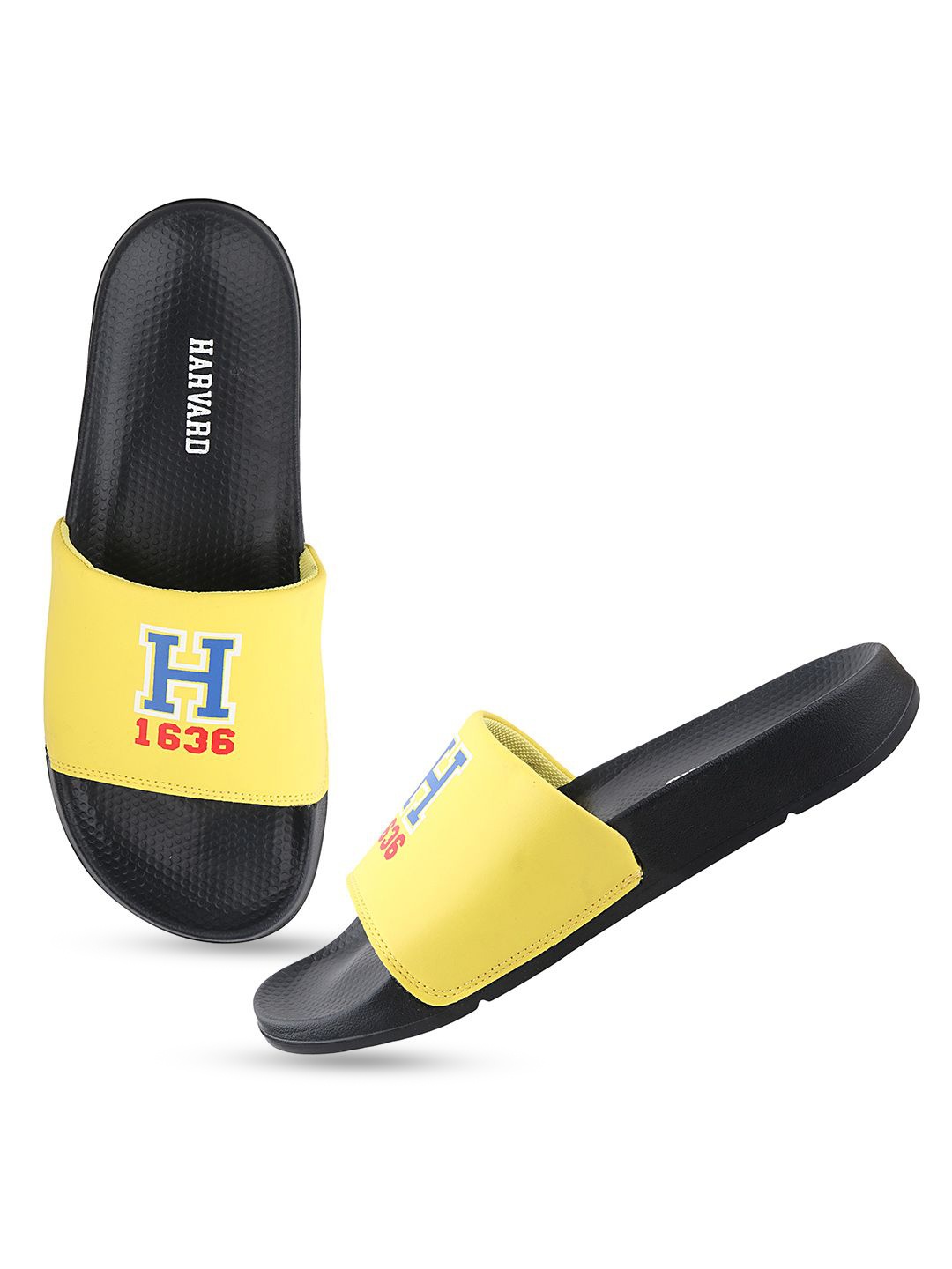 

Harvard Men Black Printed Sliders, Yellow