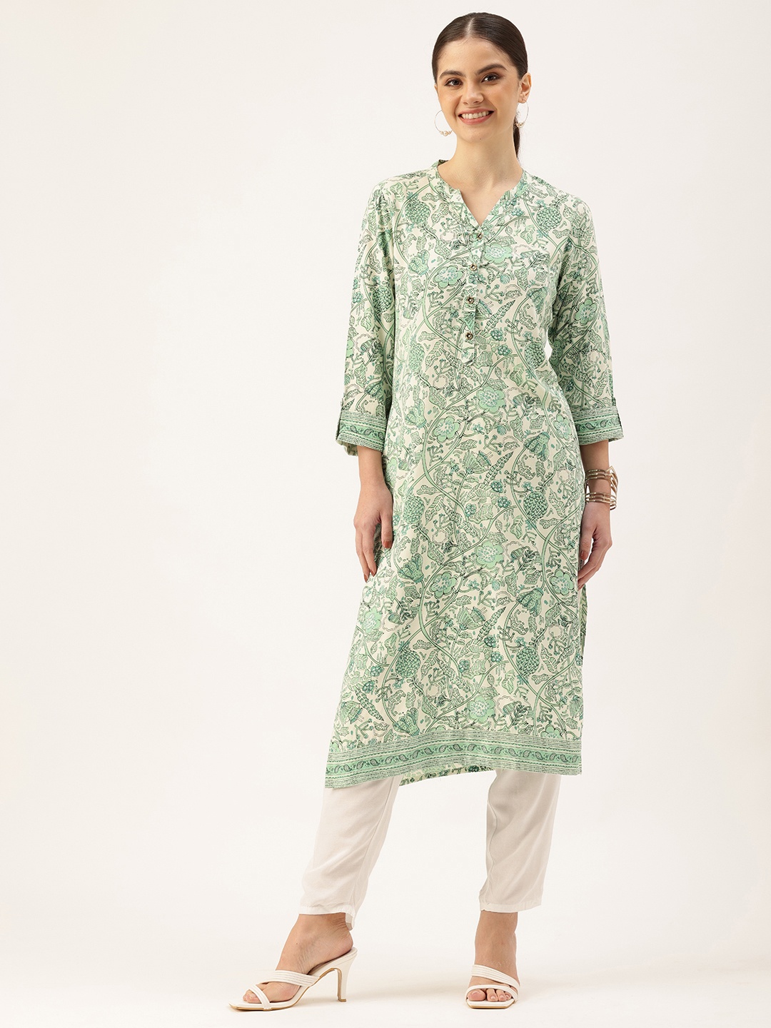 

AMUKTI Floral Printed Mandarin Collar Kurta, White