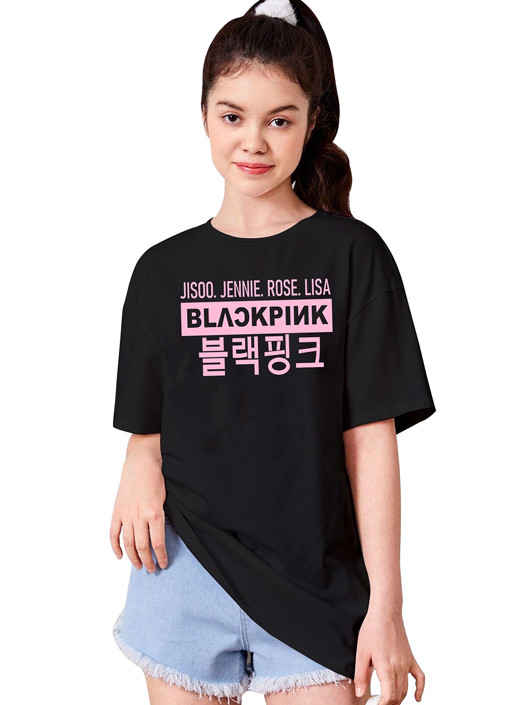 BAESD Girls Typography Printed Oversized T-shirt, Black