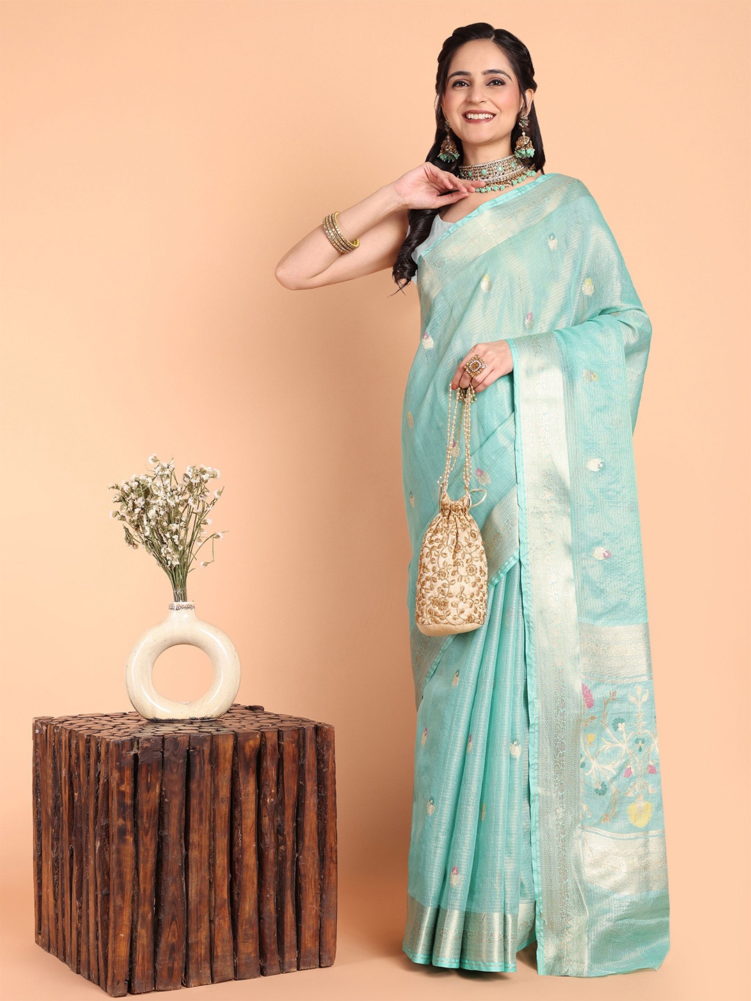 

KAZIA Floral Zari Banarasi Saree, Turquoise blue