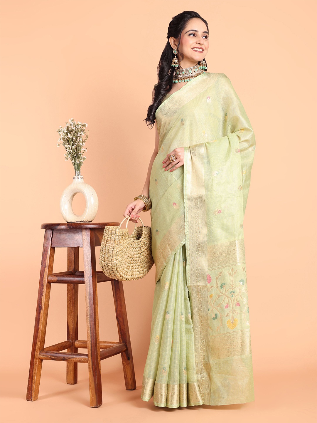 

KAZIA Floral Zari Banarasi Saree, Green