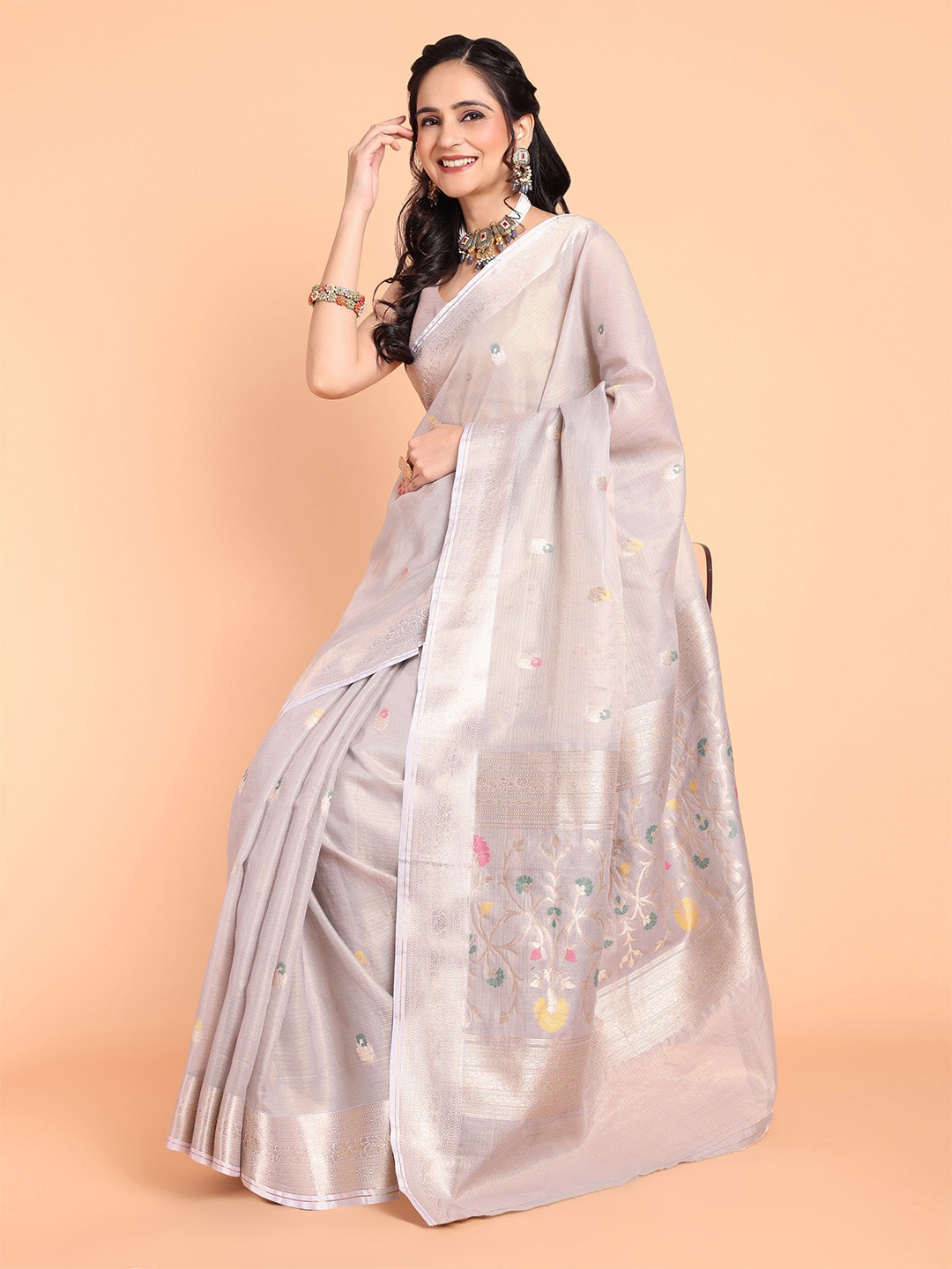 

KAZIA Floral Zari Banarasi Saree, Grey