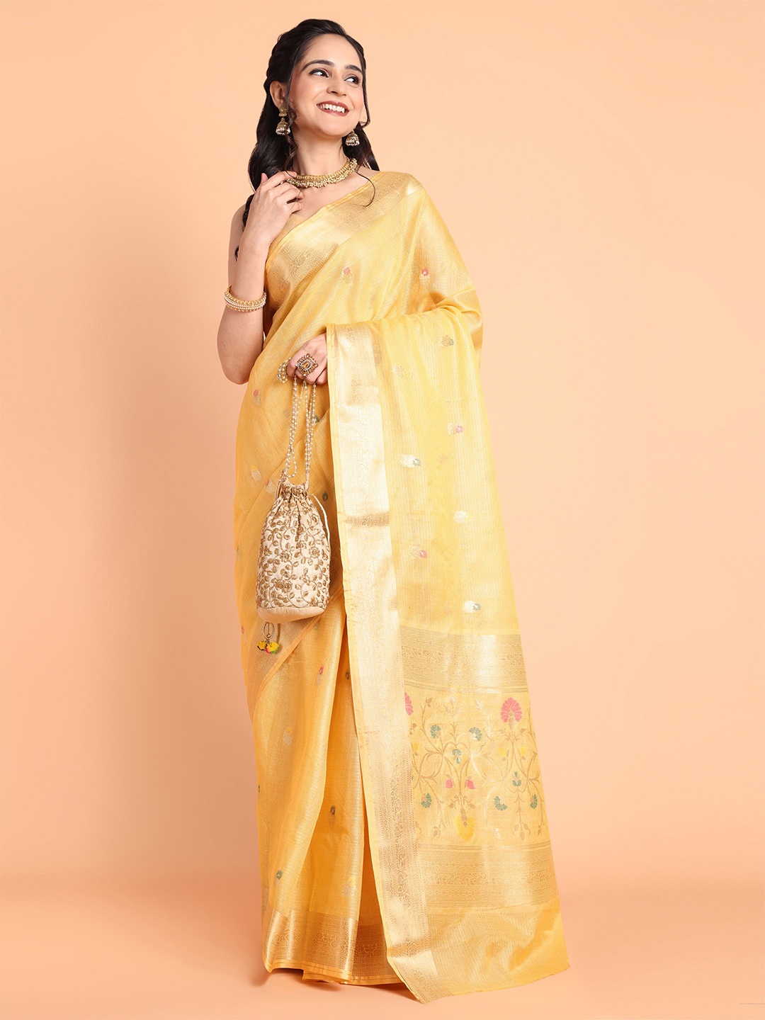 

KAZIA Floral Zari Banarasi Saree, Yellow