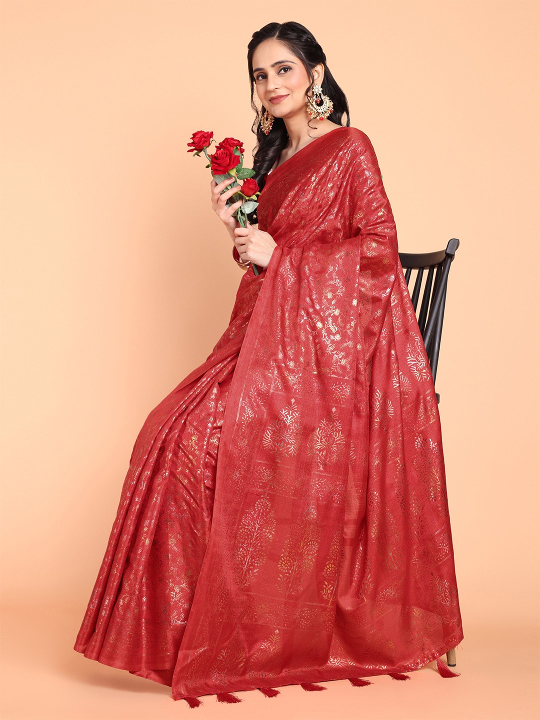 

KAZIA Floral Banarasi Saree, Red