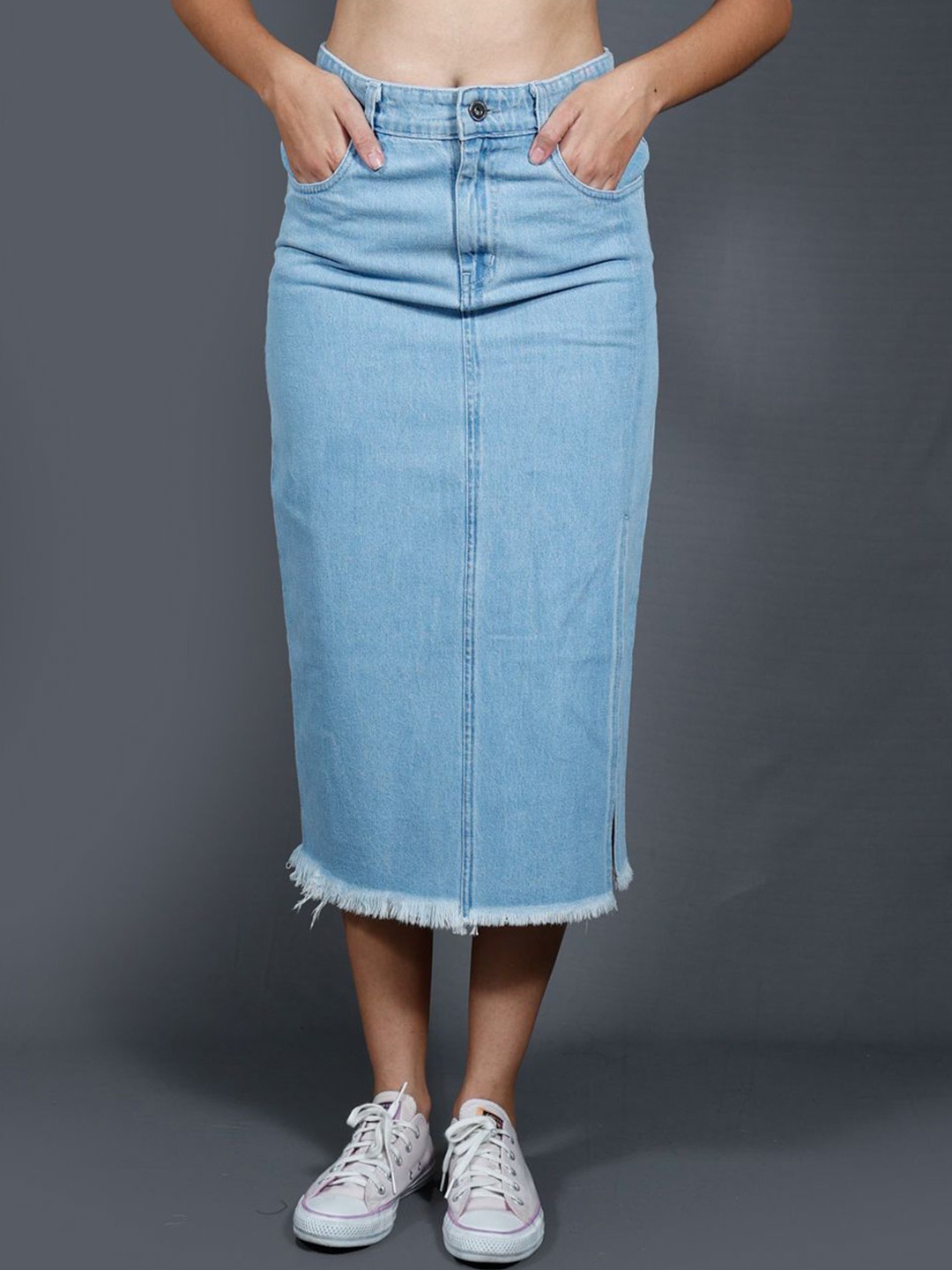 

The Roadster Lifestyle Co. Denim Straight Midi Side Slit Skirt, Blue