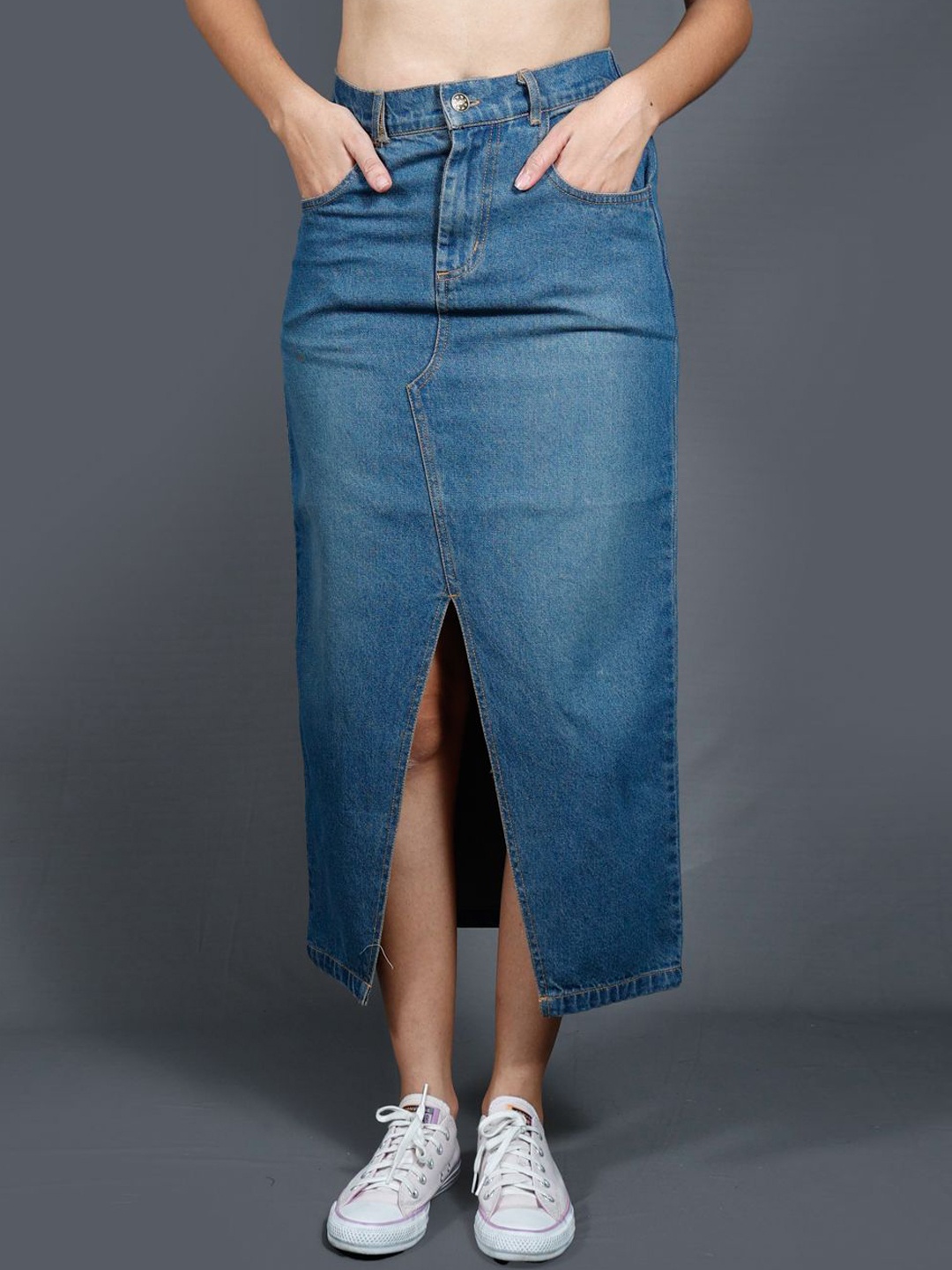 

The Roadster Lifestyle Co. Women Denim Straight Midi Skirt, Blue