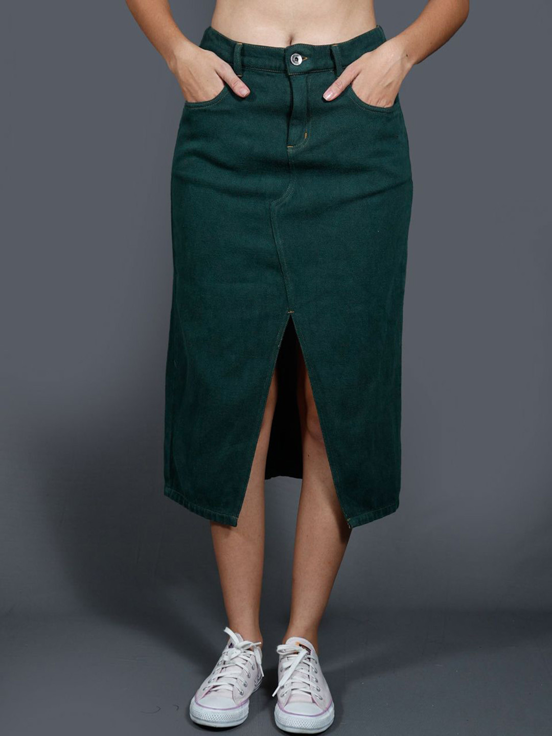 

The Roadster Lifestyle Co. Women Denim Midi A-Line Straight Skirt, Green
