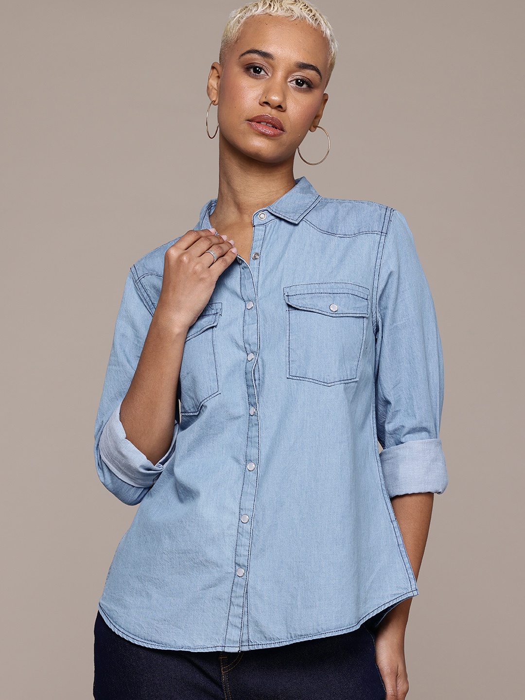 

Roadster Pure Cotton Denim Casual Shirt, Blue