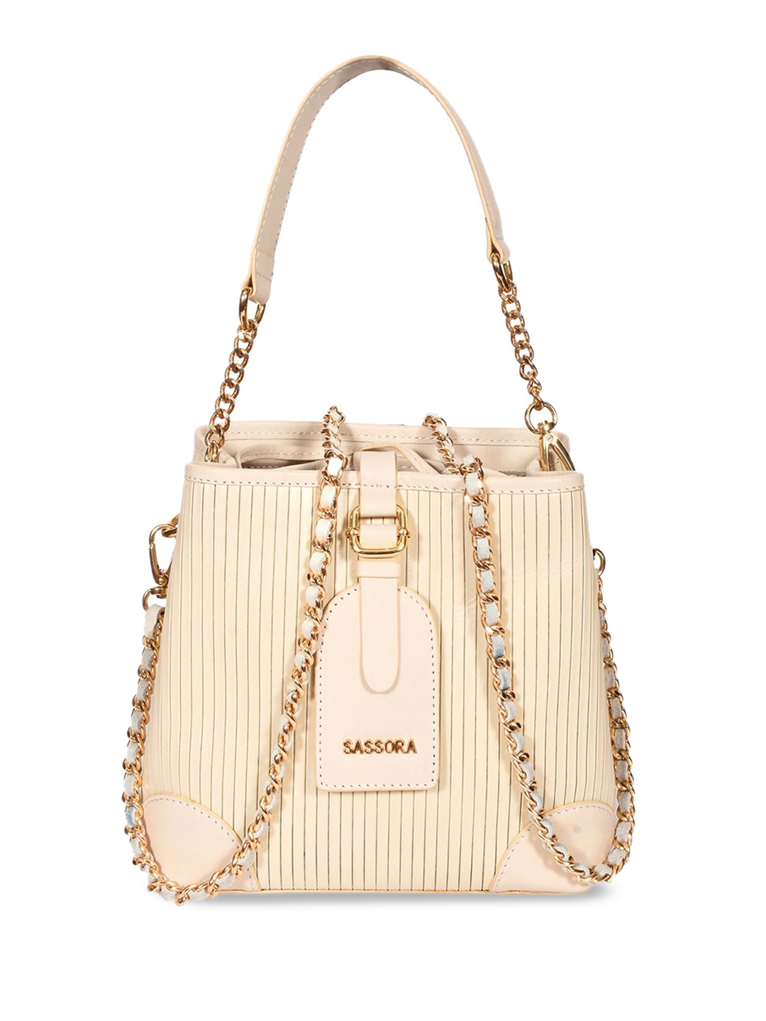 

Sassora Striped Leather Bucket Handheld Bag, Beige