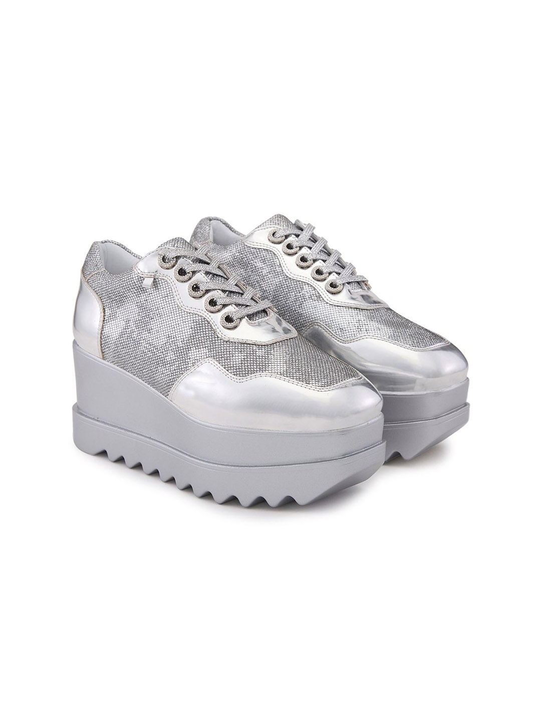 

Anaar Women Razzle Dazzle Embellished Round Toe Lightweight Textile Heeled Sneakers, Silver