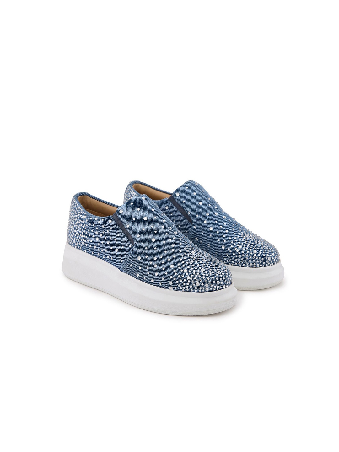 

Anaar Women Glitter Rain Embellished Round Toe Lightweight Textile Heeled Slip-On Sneakers, Blue