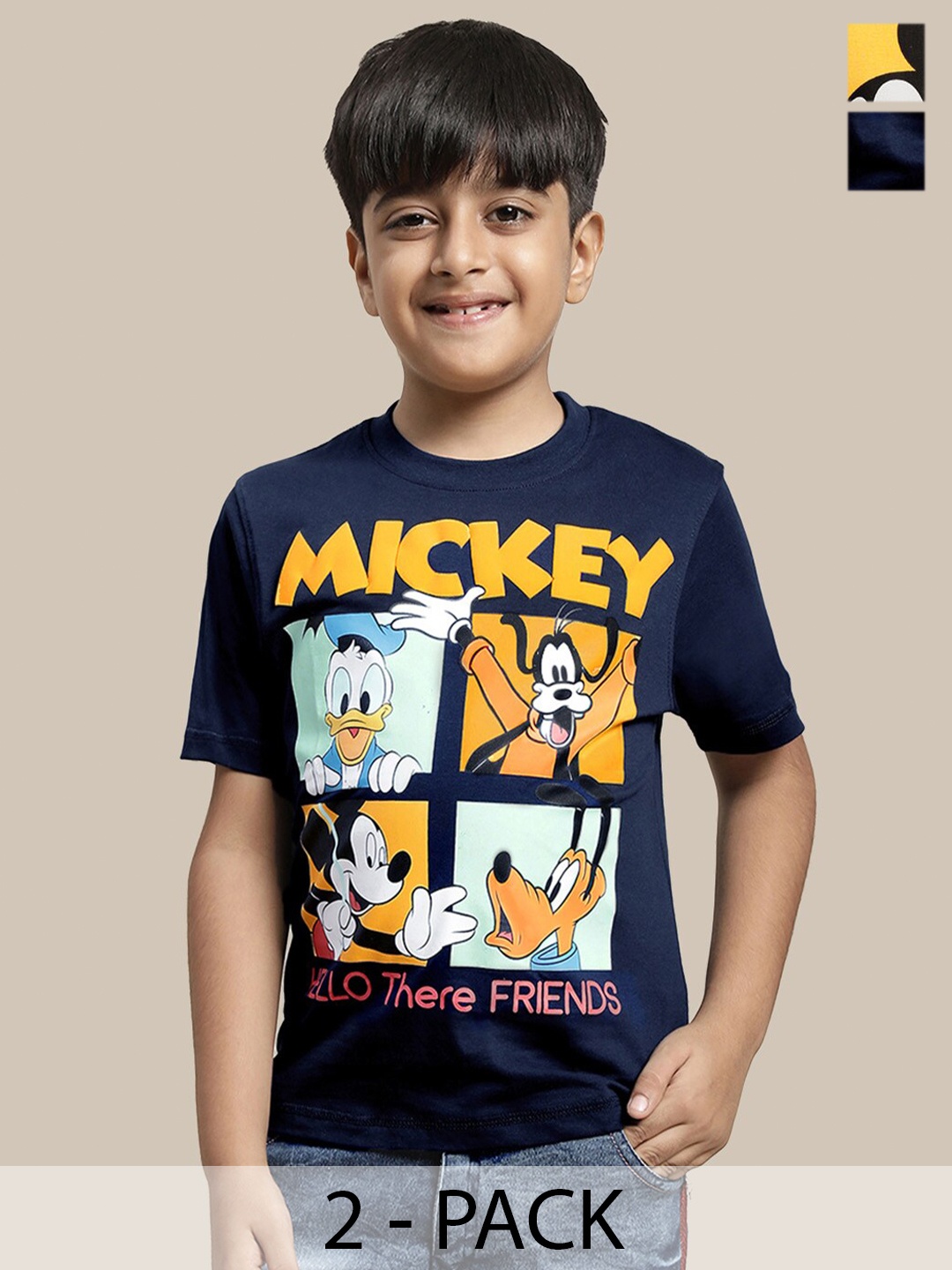 

Kids Ville Boys Pack Of 2 Mickey & Friends Printed Pure Cotton T-shirts, Yellow