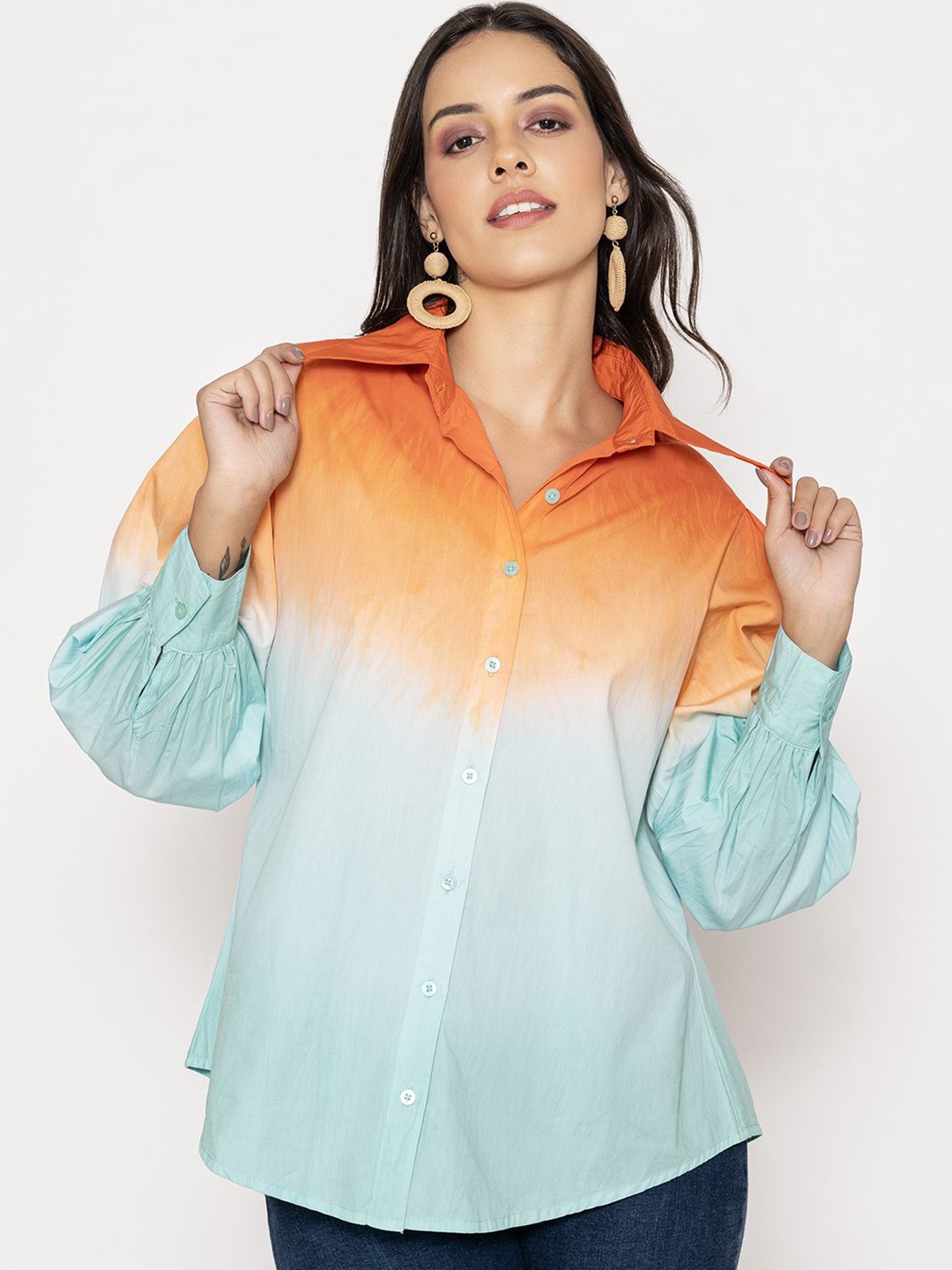 

Lounge Dreams Relaxed Spread Collar Oversized Cotton Colourblocked Casual Shirt, Orange