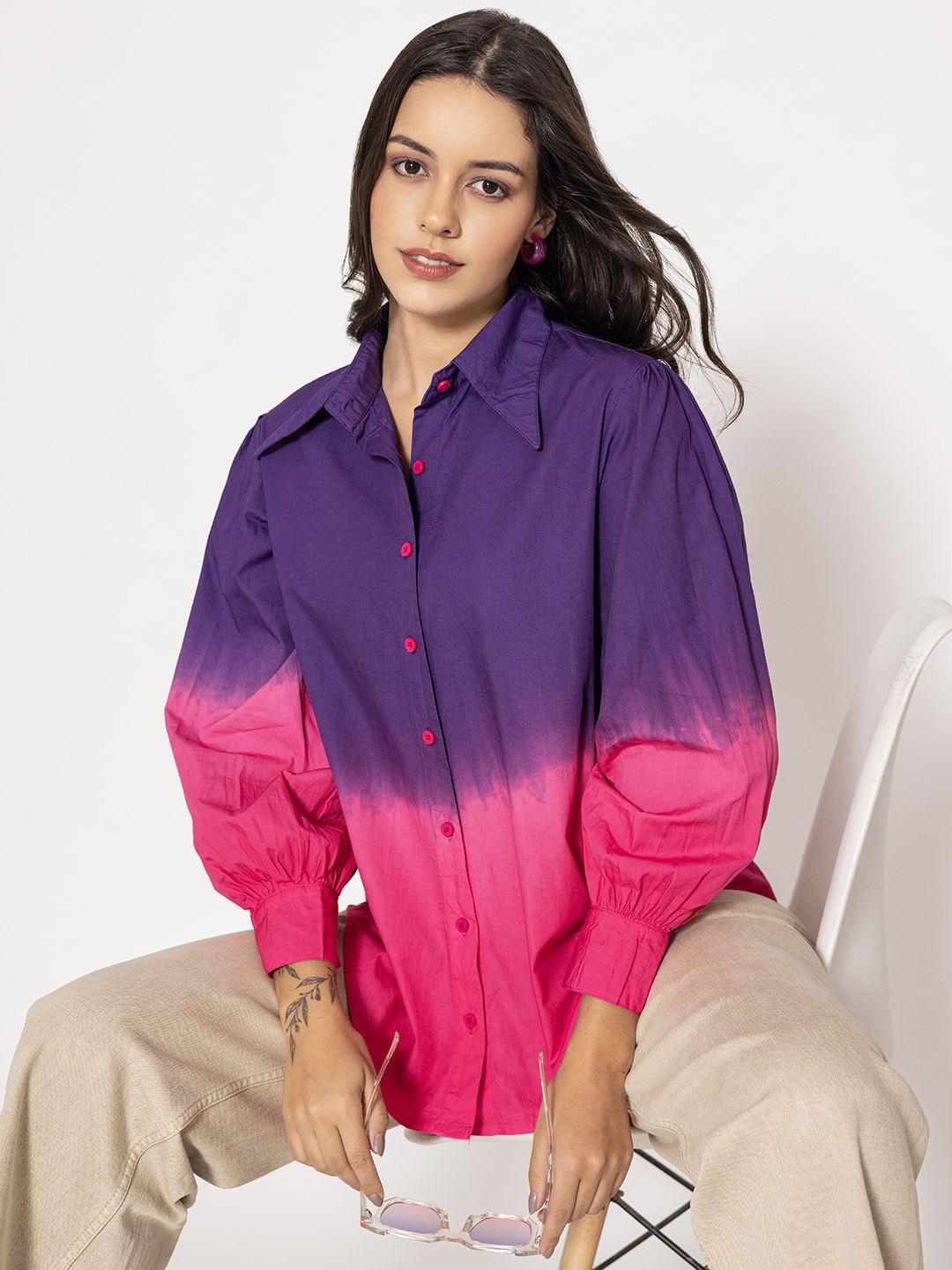 

Lounge Dreams Relaxed Spread Collar Oversized Faded Cotton Casual Shirt, Purple
