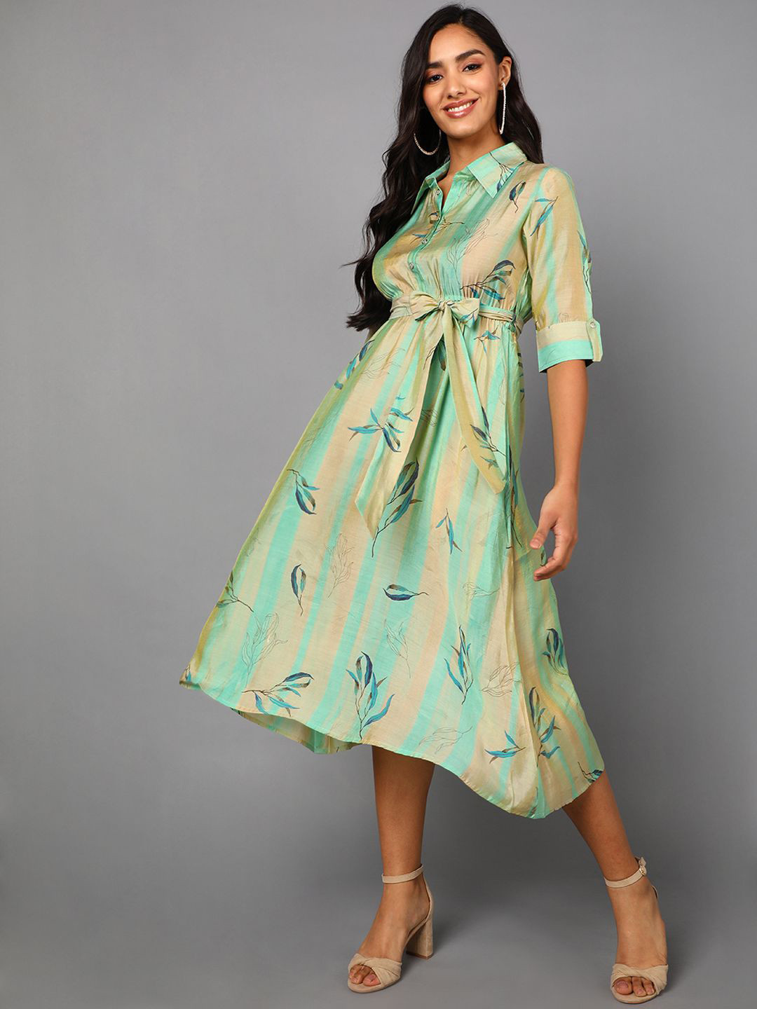 

KALINI Floral Printed Cotton Fit & Flare Midi Dress With Belt, Cream
