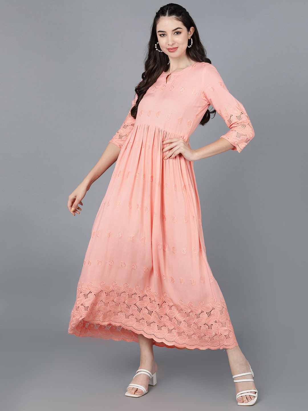 

KALINI Ethnic Motifs Printed Keyhole Neck Gathered or Pleated Maxi Dress, Peach