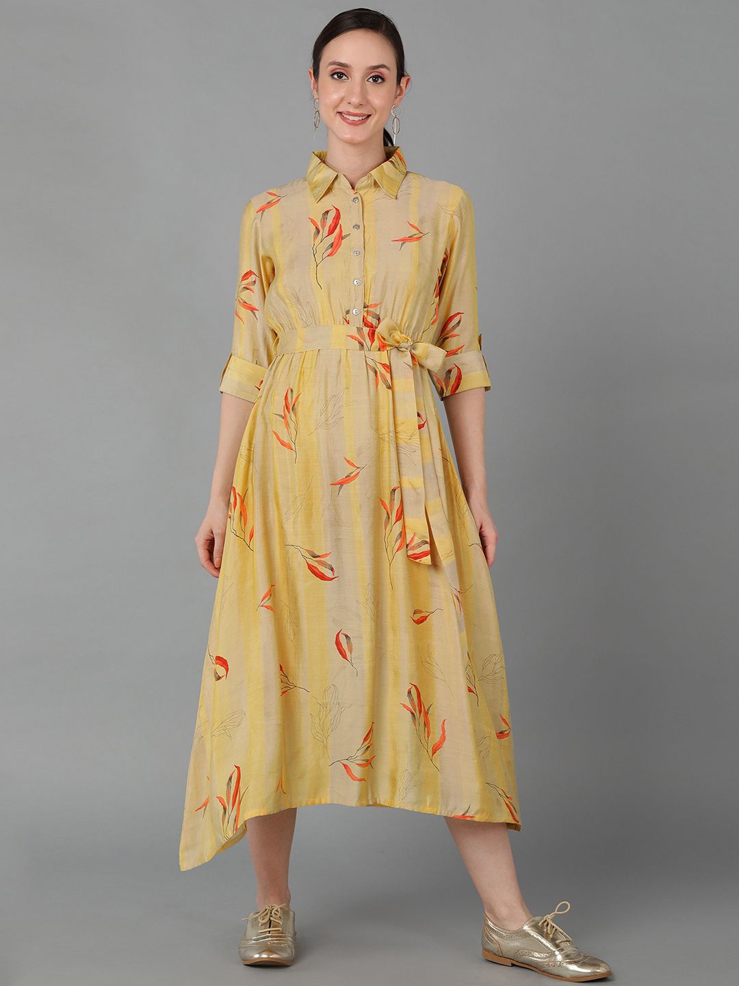 

KALINI Floral Printed Shirt Collar Tie-Ups A-Line Midi Dress, Yellow
