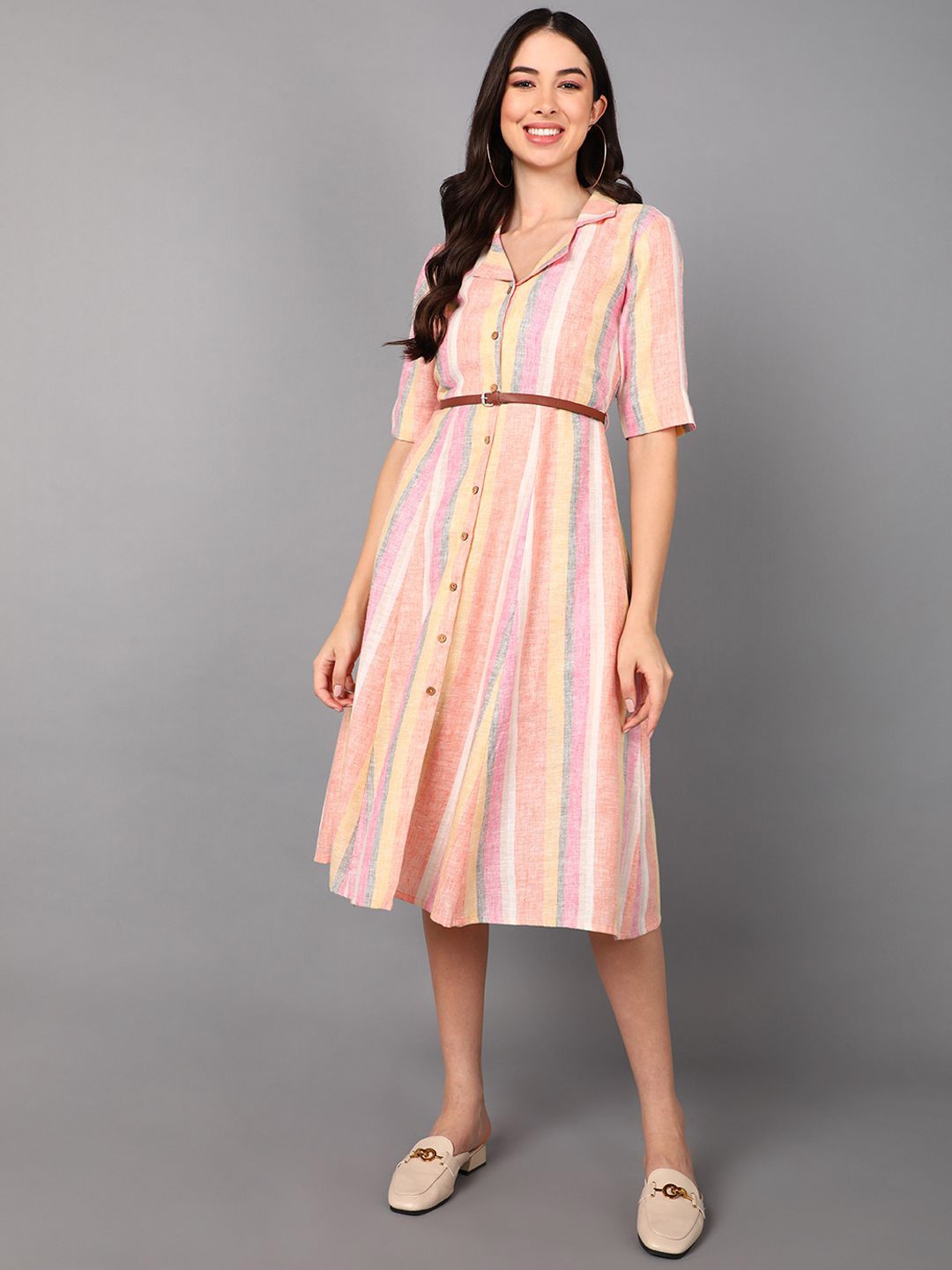 

KALINI Striped Cotton Shirt Collar A-Line Midi Dress, Pink