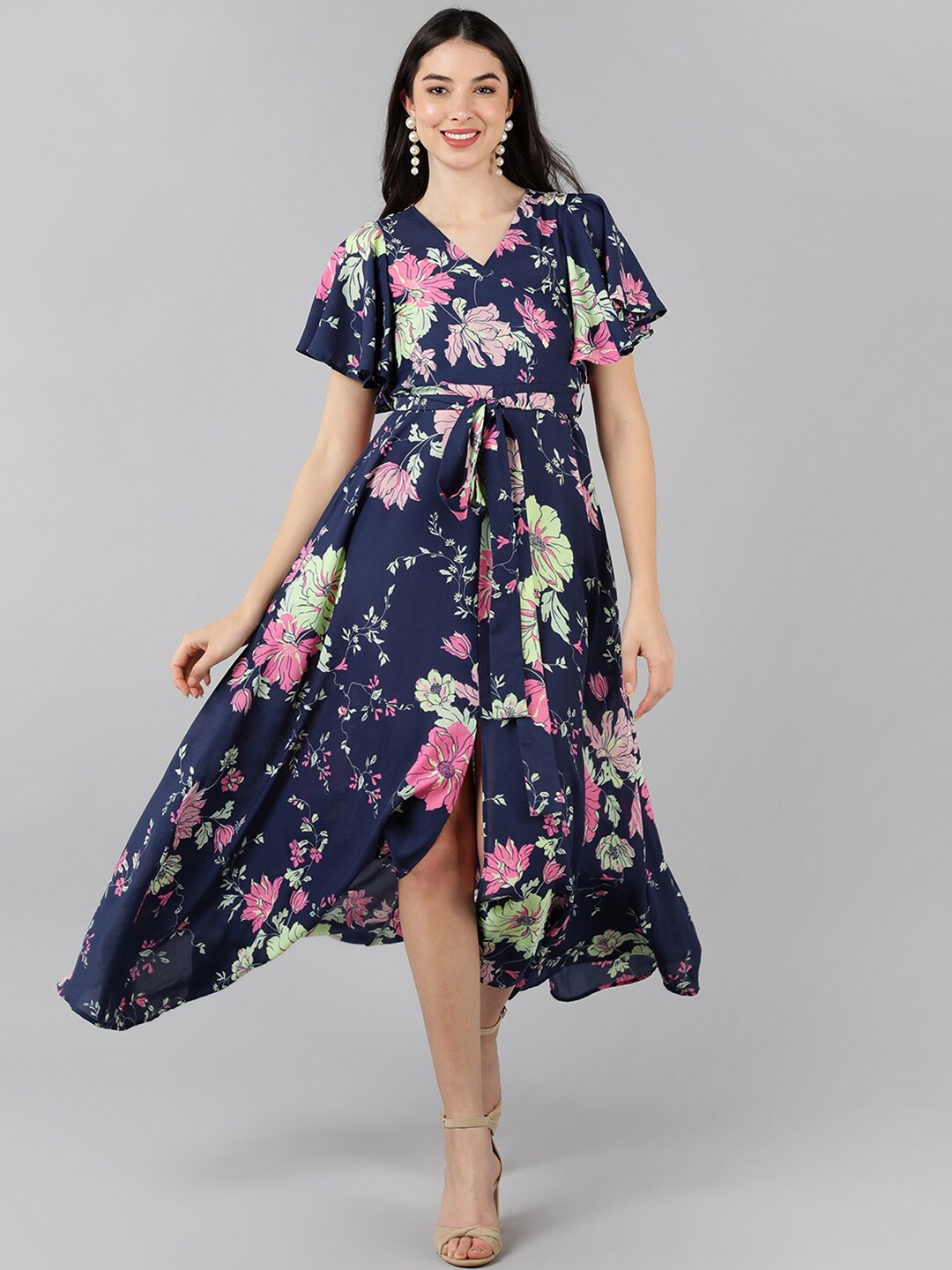 

KALINI Floral Printed V-Neck Georgette Wrap Midi Dress, Navy blue
