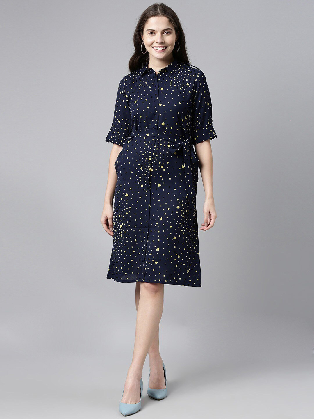 

KALINI Geometric Printed Georgette A-Line Dress Comes With A belt, Navy blue