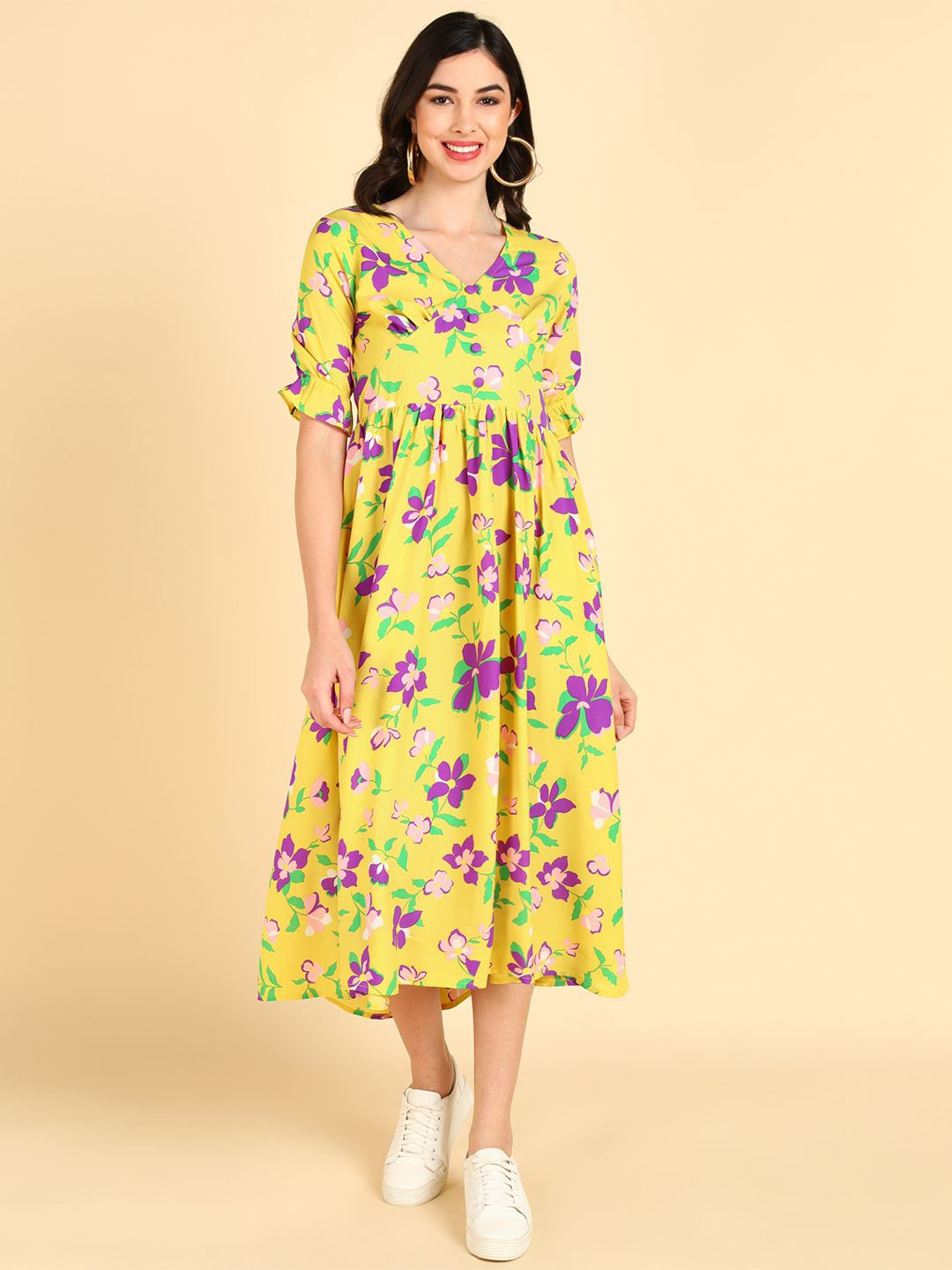 

KALINI Floral Printed Georgette A-Line Midi Dress, Yellow