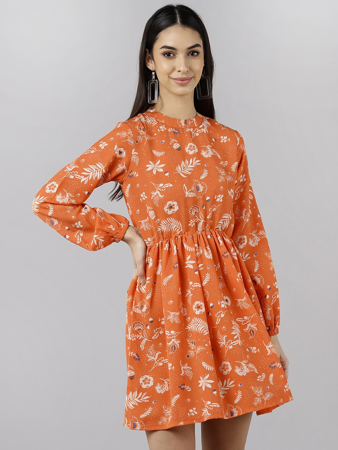 

KALINI Floral Printed Round Neck Puff Sleeve Gathered Fit & Flare Dress, Orange