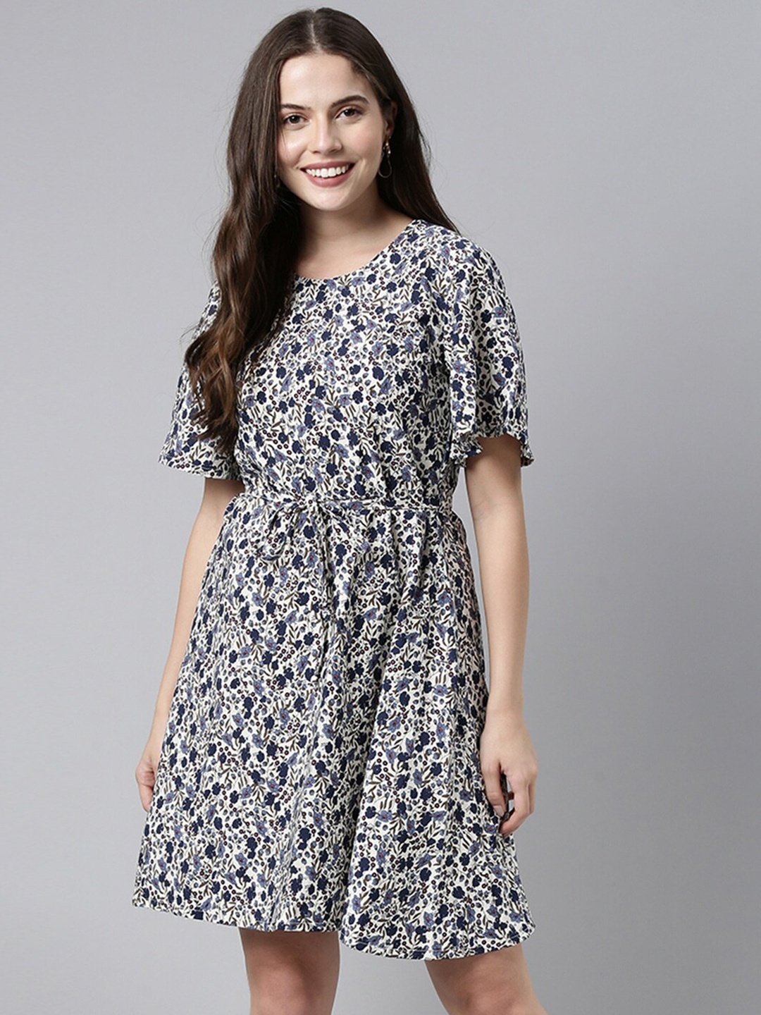 

KALINI Floral Printed Flared Sleeves Fit & Flare Dress, Off white