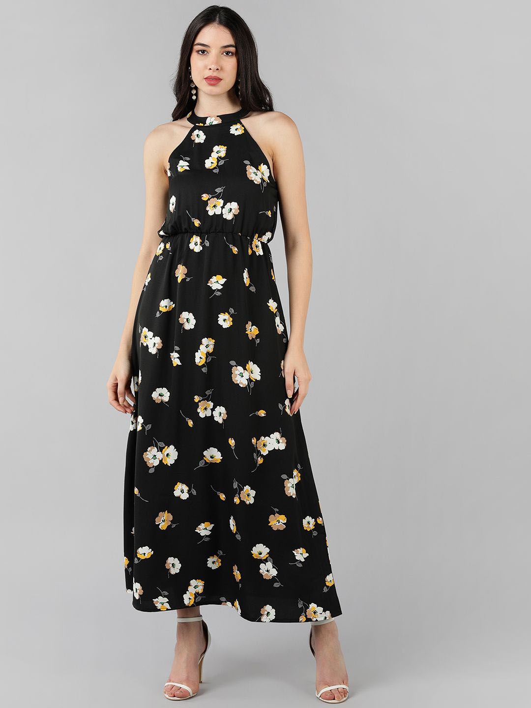 KALINI Floral Printed Halter Neck Sleeveless Georgette Maxi Dress, Black