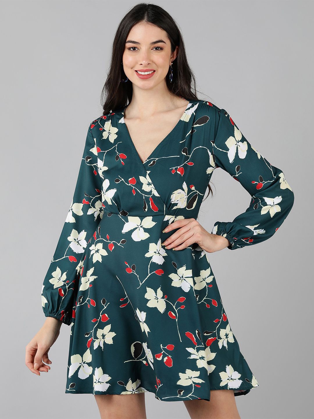 

KALINI Floral Printed Crepe Fit & Flare Dress Comes With A Belt, Green