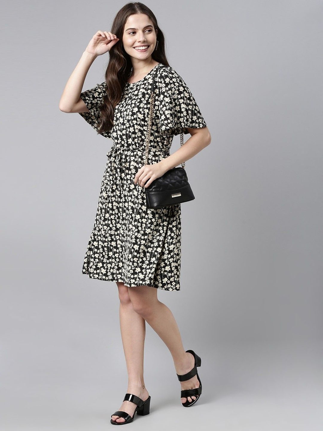 

KALINI Floral Printed Flared Sleeve Georgette A-Line Dress With Belt, Black
