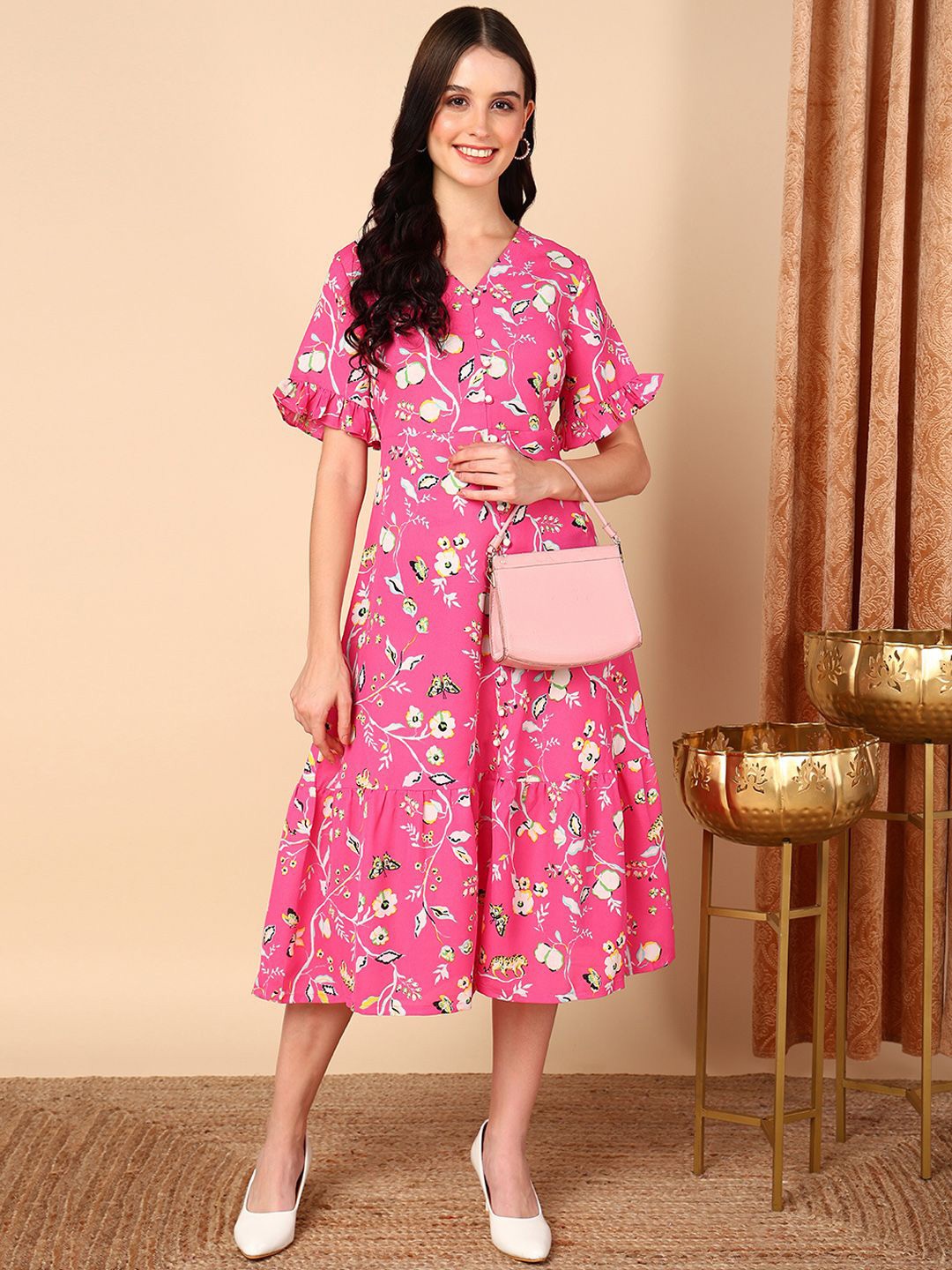 

KALINI Tropical Flared Sleeve Fit & Flare Midi Dress, Pink