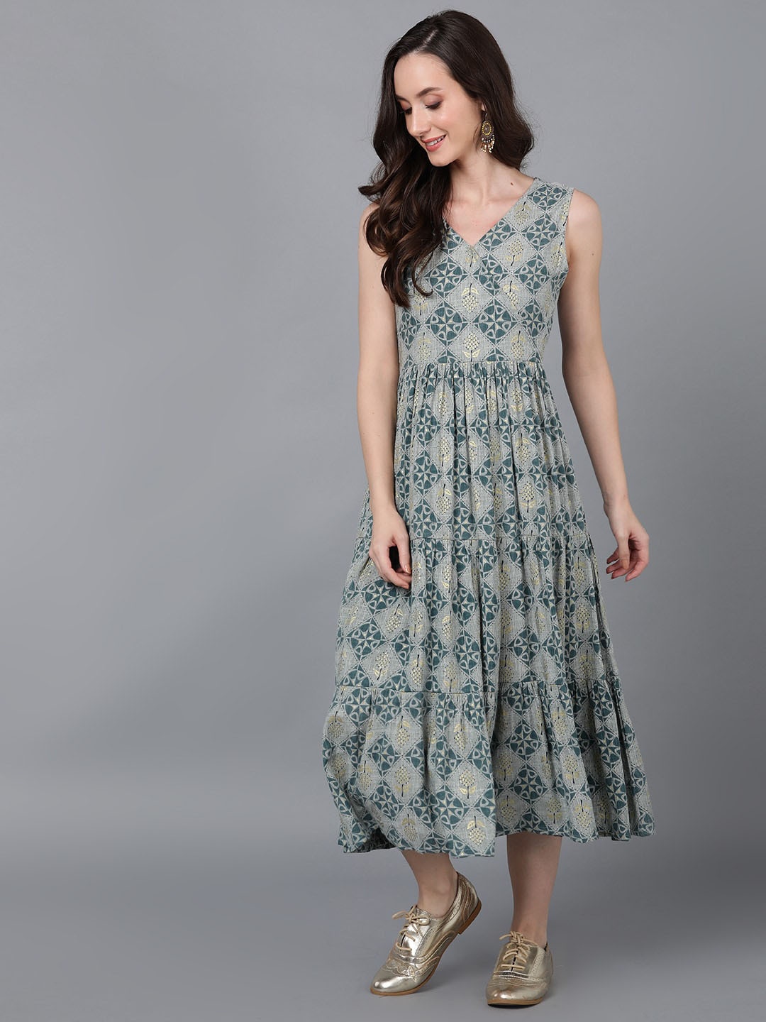 

KALINI Ethnic Motifs Printed V-Neck Gathered or Pleated Cotton A-Line Midi Dress, Grey