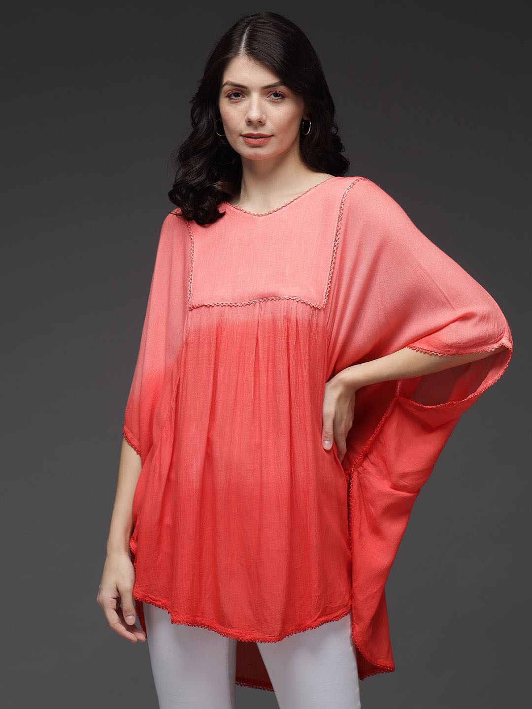 

TANDUL Colourblocked Round Neck Cotton Tunic, Red