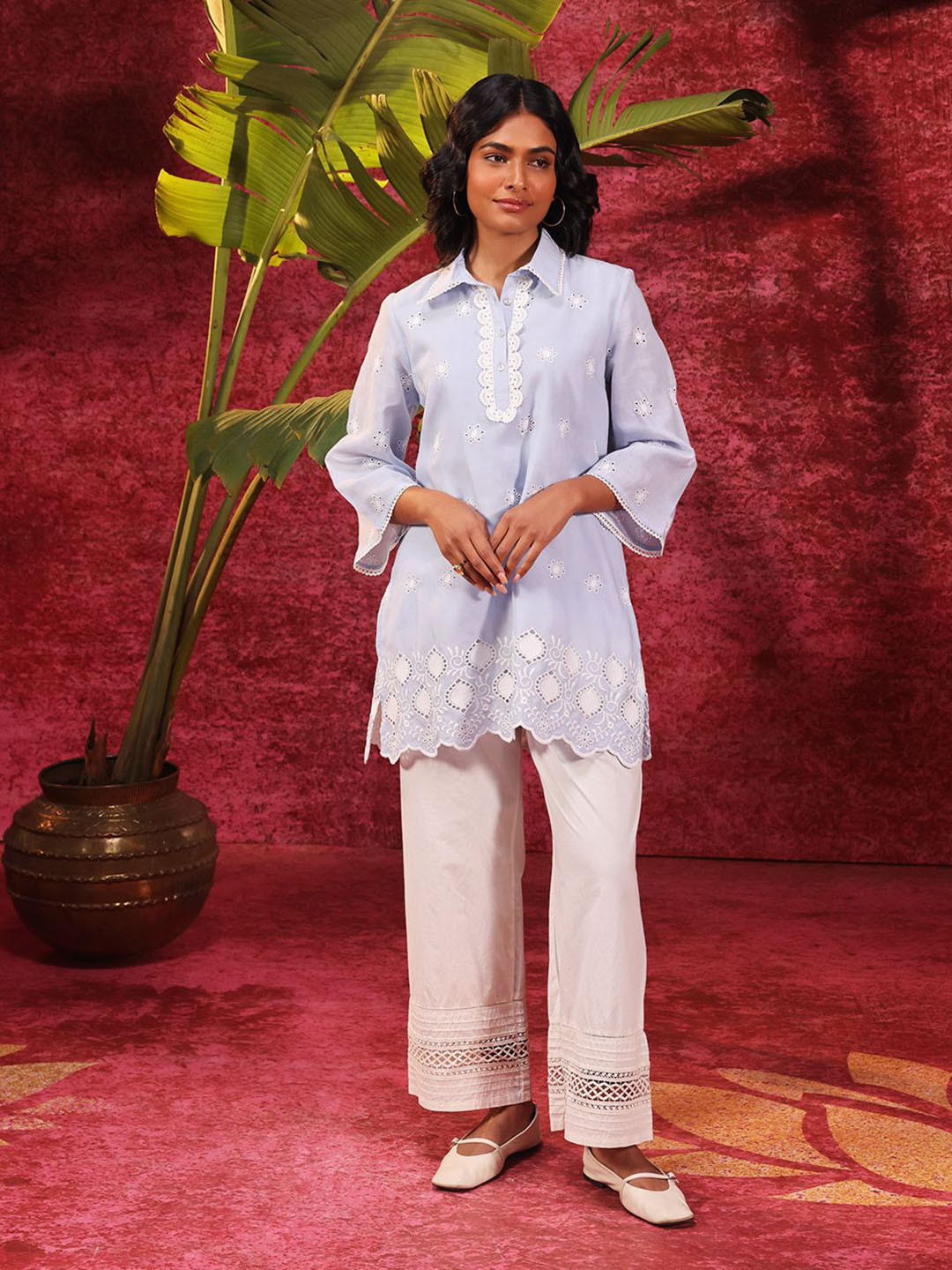 

Lakshita Floral Embroidered Shirt Collar Top, Blue