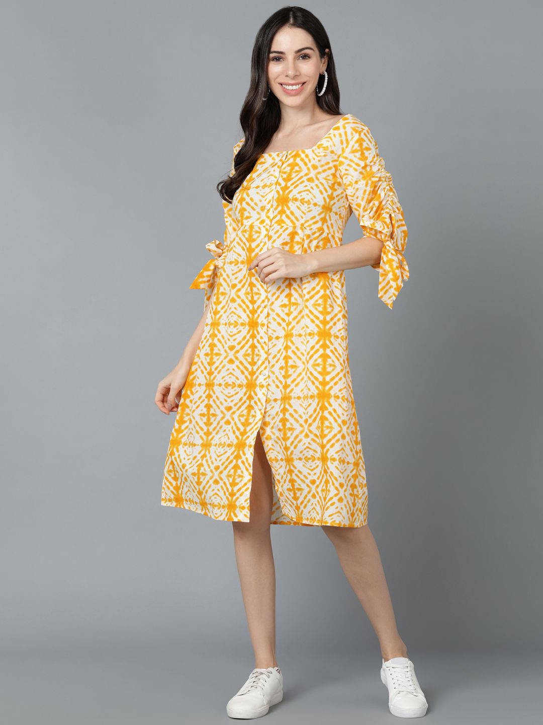 

KALINI Tie & Dye Square Neck Button Down A-Line Dress, Yellow