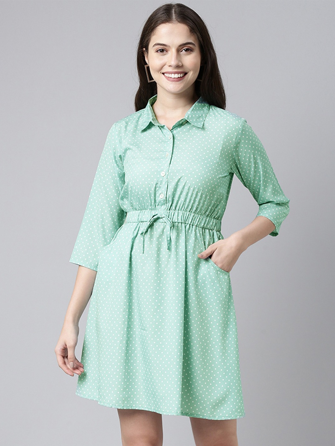 

KALINI Polka Dot Mini Shirt Dress With Belt, Green