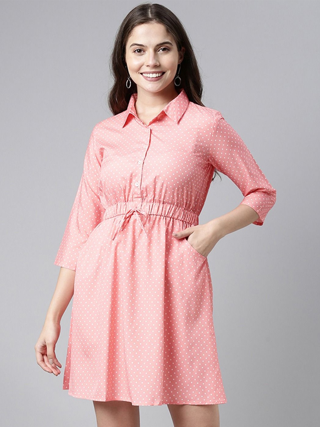

KALINI Polka Dot Printed Shirt Collar Fit & Flare Dress, Pink