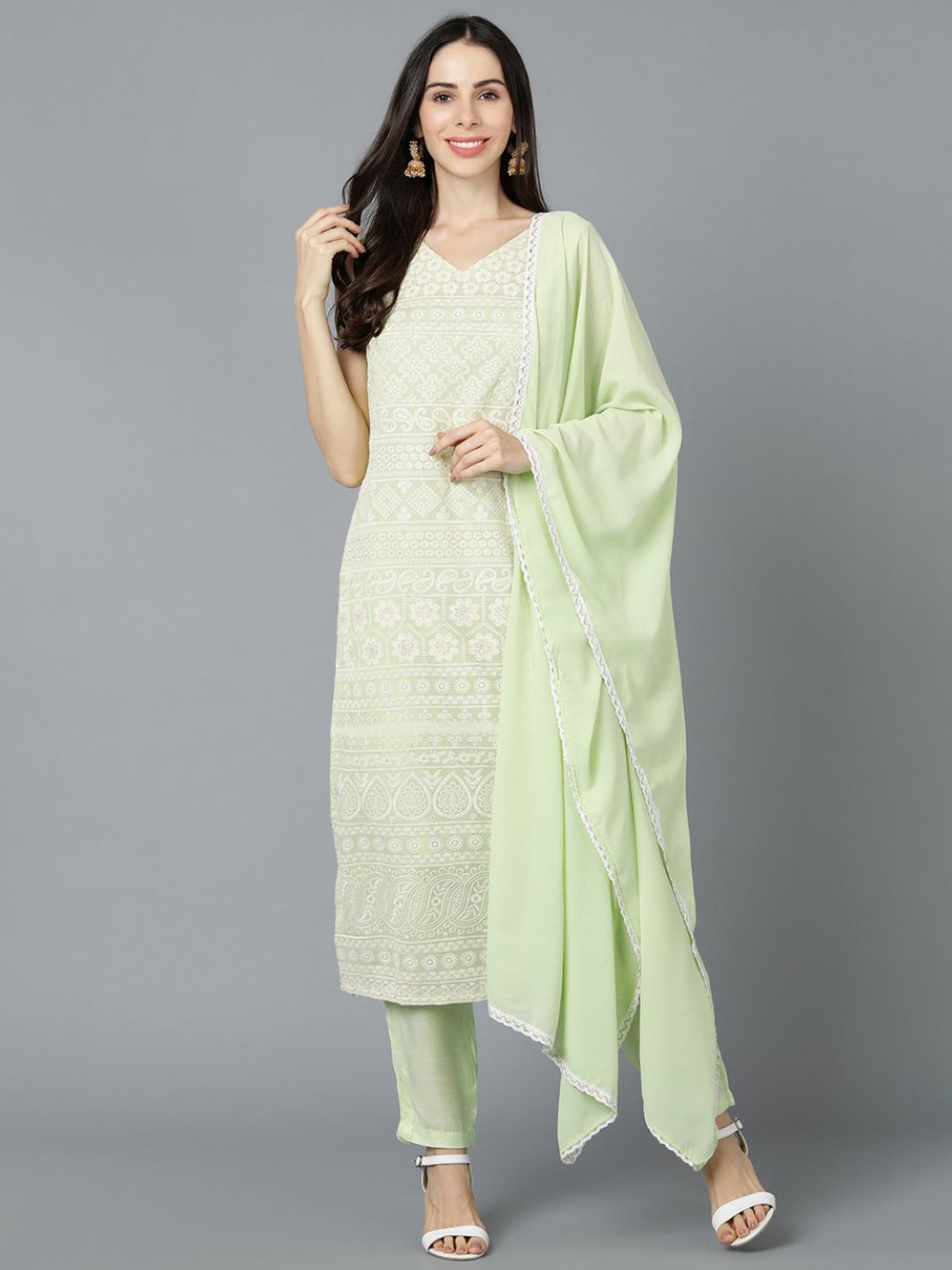 

KALINI Ethnic Motifs Embroidered Straight Kurta With Trousers & Dupatta, Green