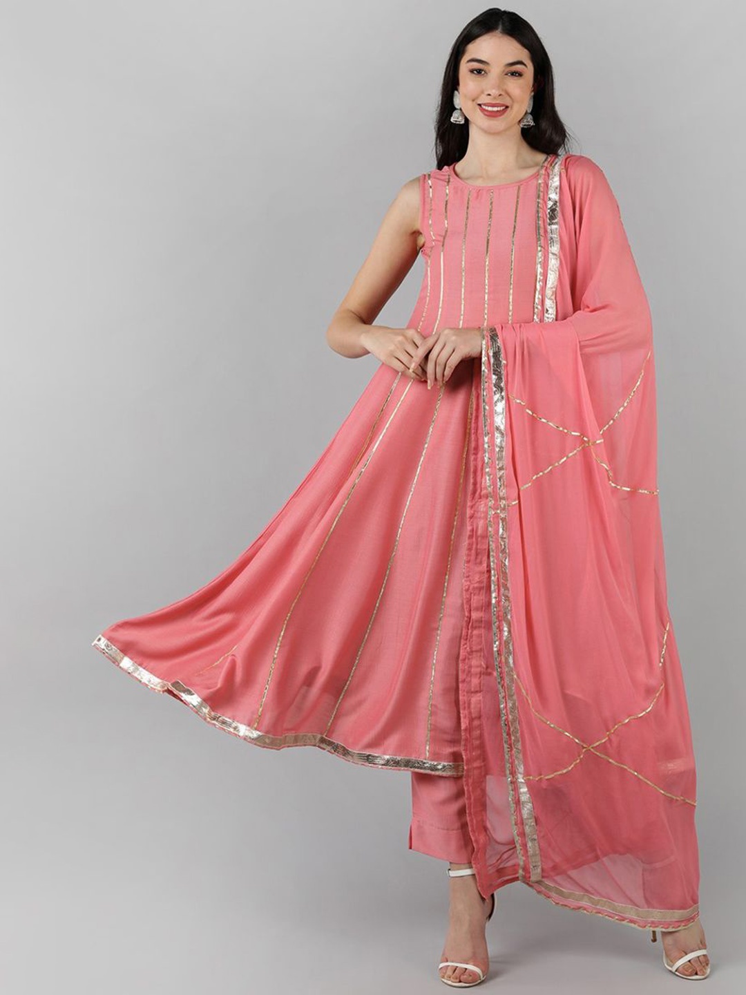 

KALINI Striped Round Neck Empire Gotta Patti Anarkali Kurta with Palazzos & Dupatta, Pink
