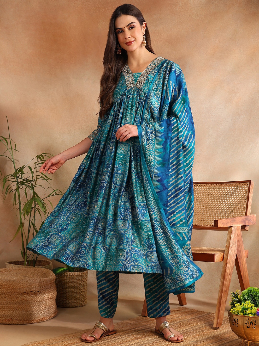 

KALINI Ethnic Motifs Printed Regular Kurta with Palazzos & Dupatta, Teal