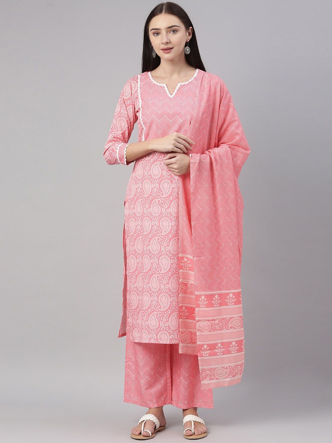

KALINI Paisley Printed Straight Kurta With Palazzo & Dupatta, Pink