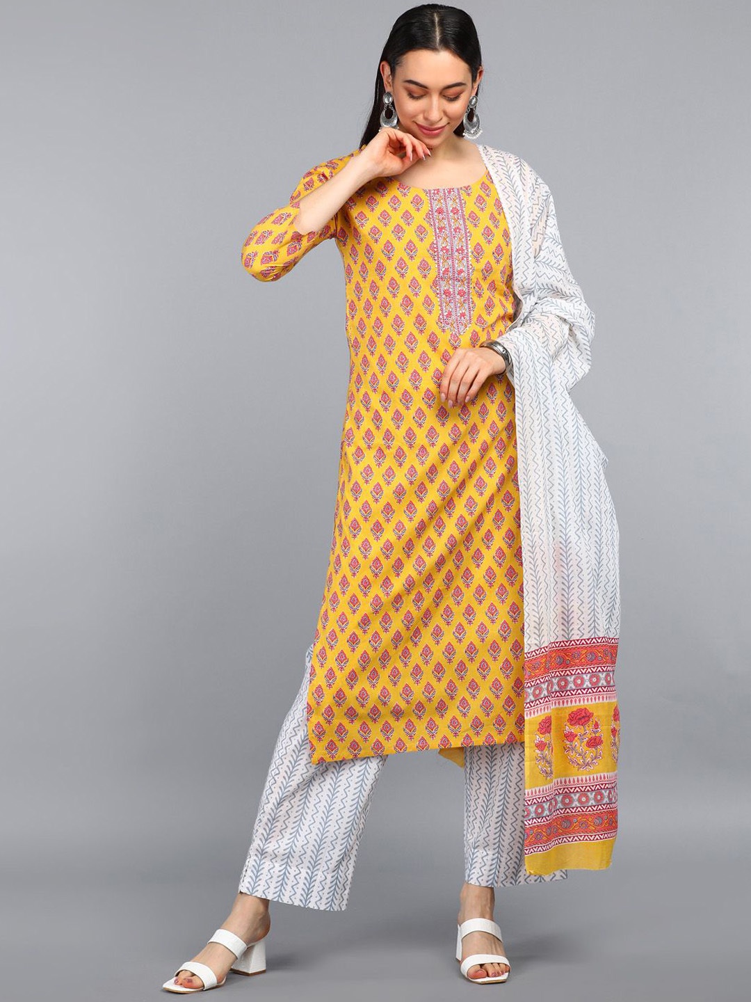 

KALINI Floral Printed Straight Kurta With Palazzos & Dupatta, Mustard