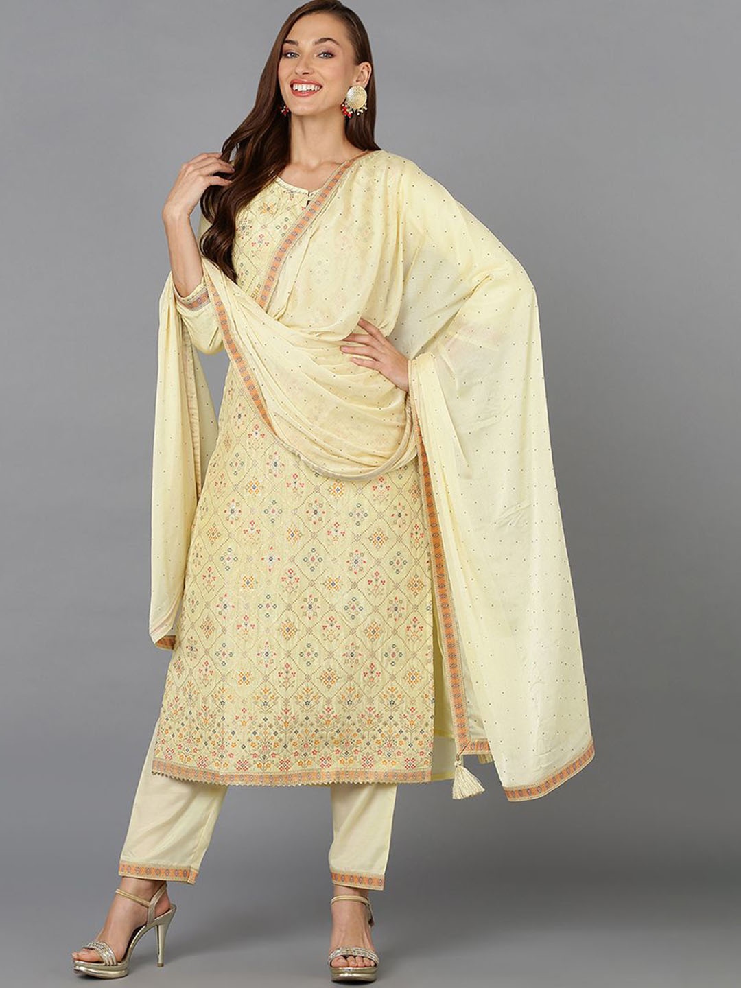 

KALINI Bandhani Woven Design Regular Gotta Patti Kurta with Trousers & Dupatta, Yellow