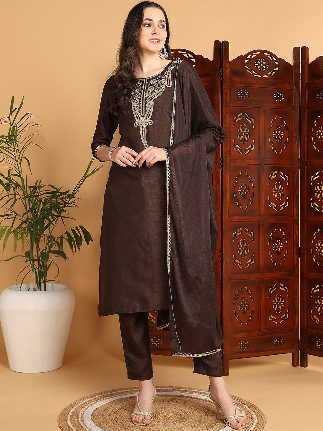 

KALINI Floral Embroidered Round Neck Straight Kurta with Trousers & Dupatta, Brown