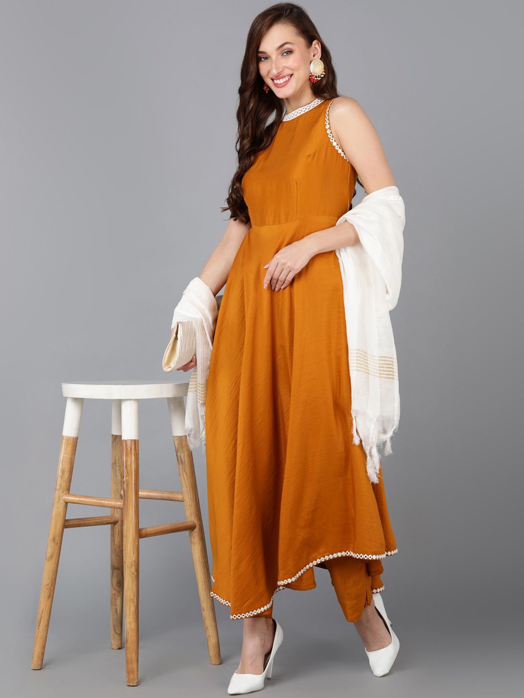 

KALINI Regular Mirror Work Kurta with Trousers & Dupatta, Mustard