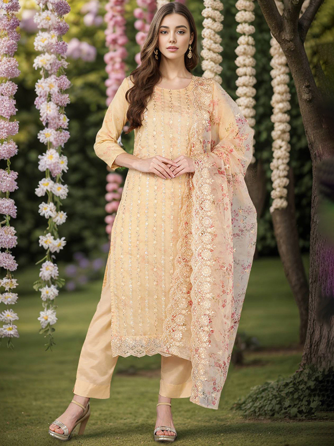 

KALINI Ethnic Motifs Embroidered Round Neck Straight Kurta with Trousers & Dupatta, Yellow