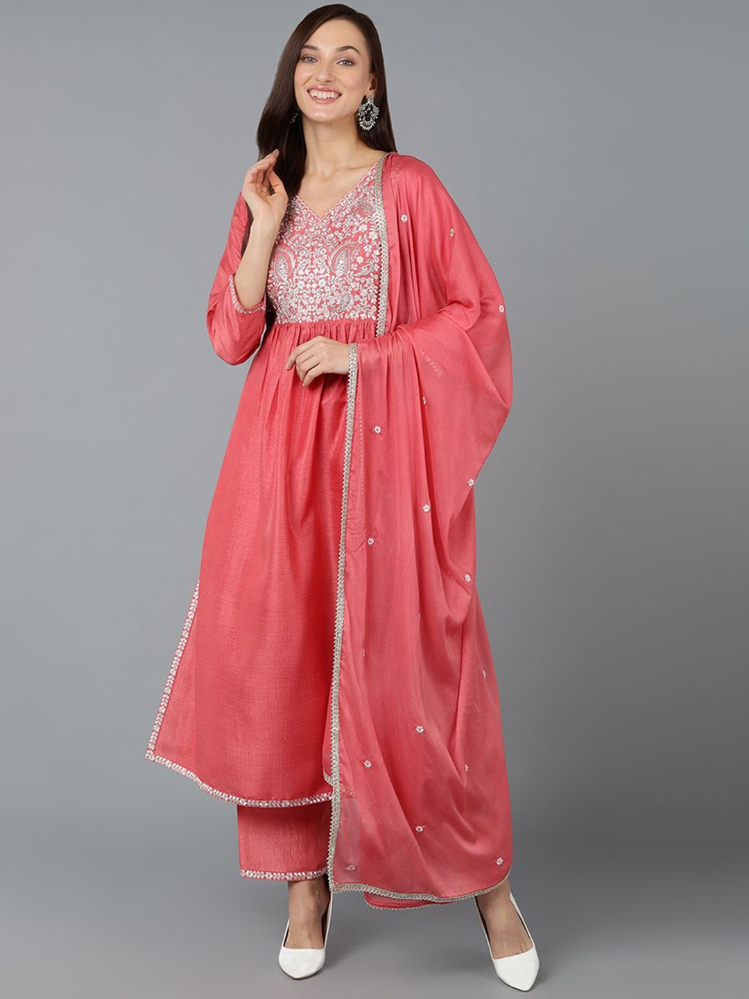 

KALINI Floral Yoke Design Regular Thread Work Kurta with Trousers & Dupatta, Pink