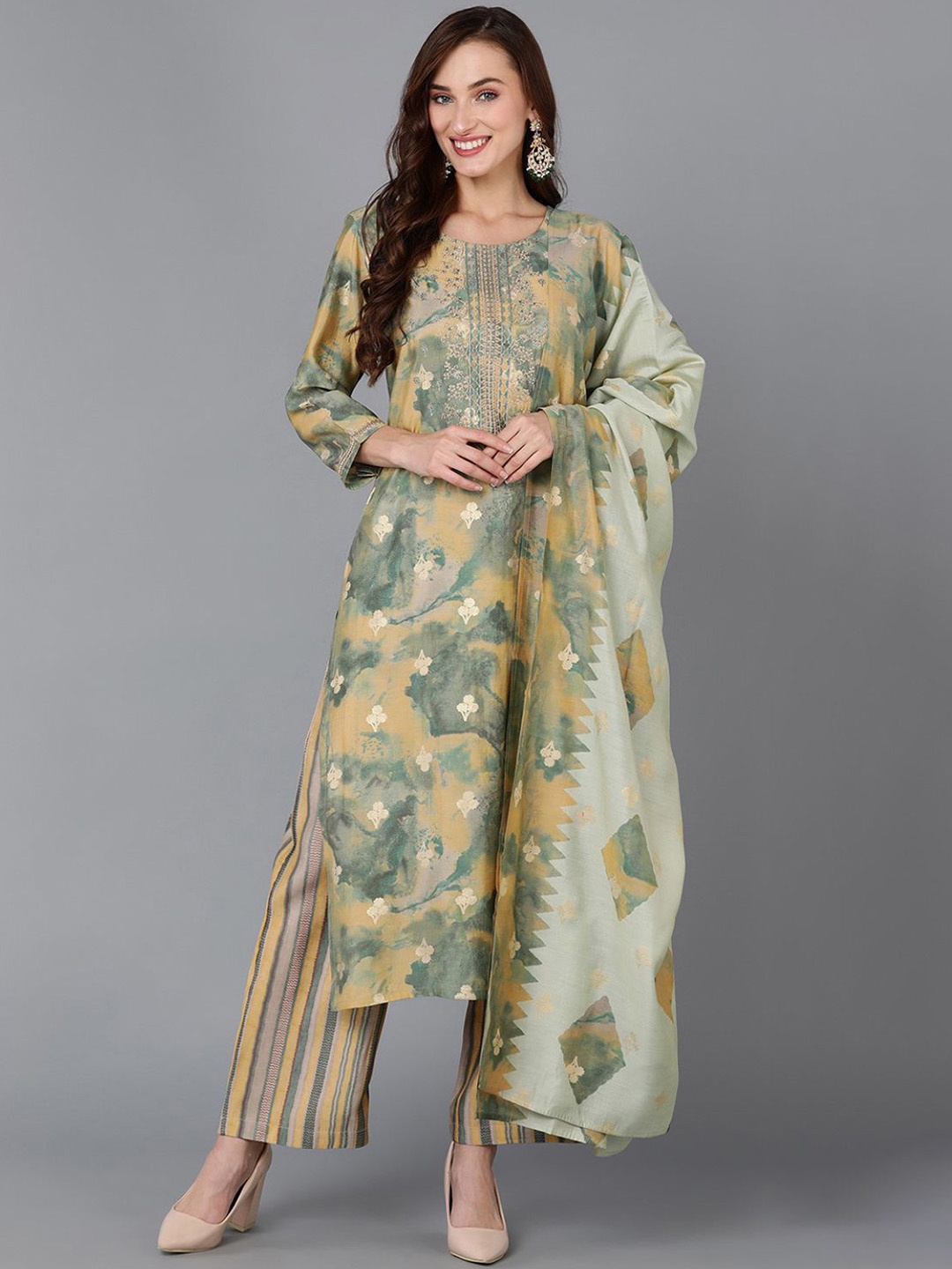 

KALINI Floral Embroidered Regular Kurta with Palazzos & Dupatta, Yellow